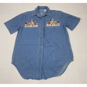 Bobbie Brooks Denim Shirt Womens Small.‎ Vintage Embroidered Floral Short Sleeve
